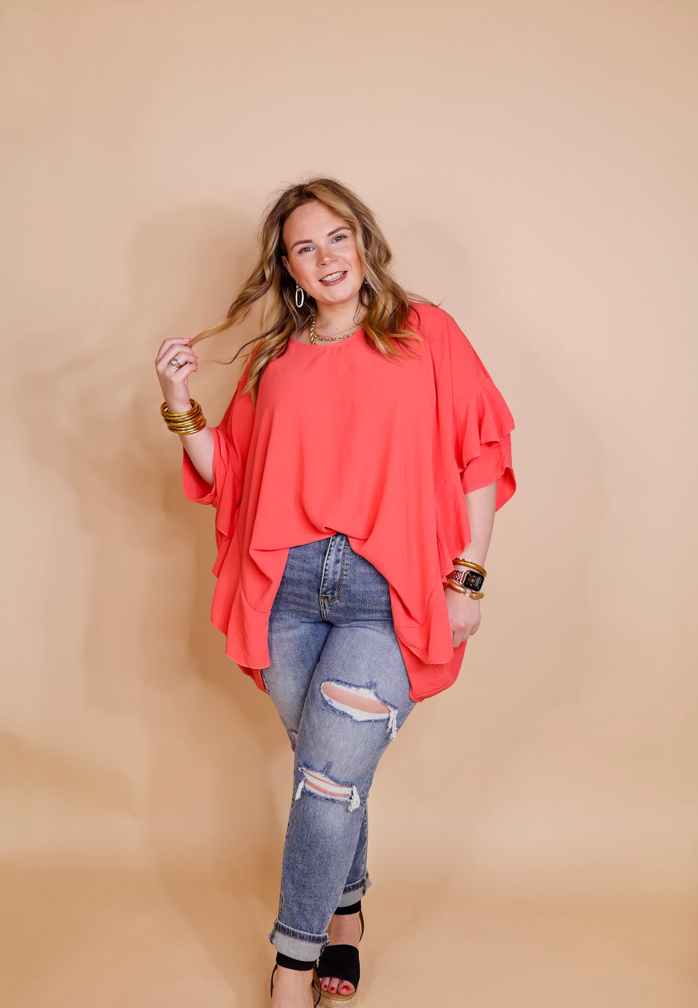 Plus Sizes | Sip of Spring Ruffle Sleeve Shift Top with V Neckline in Coral Pink - Giddy Up Glamour Boutique