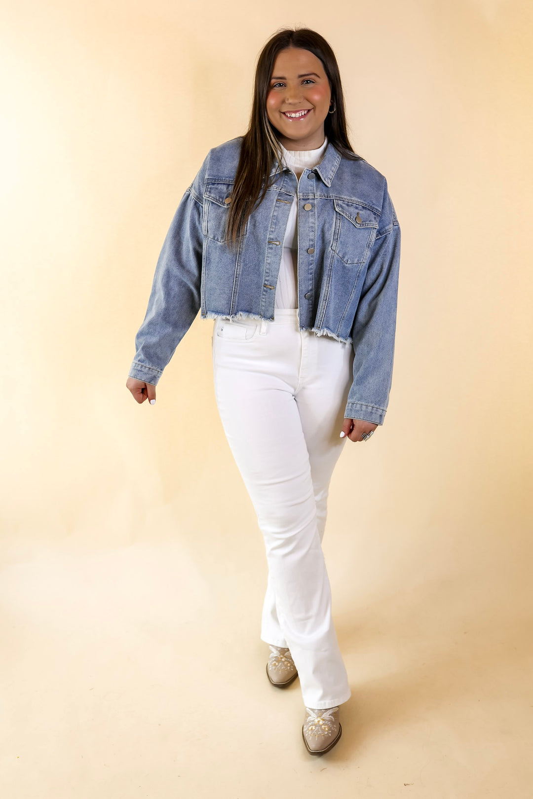 Nashville Nightlife Crystal Fringe Cropped Denim Jacket in Medium Wash - Giddy Up Glamour Boutique