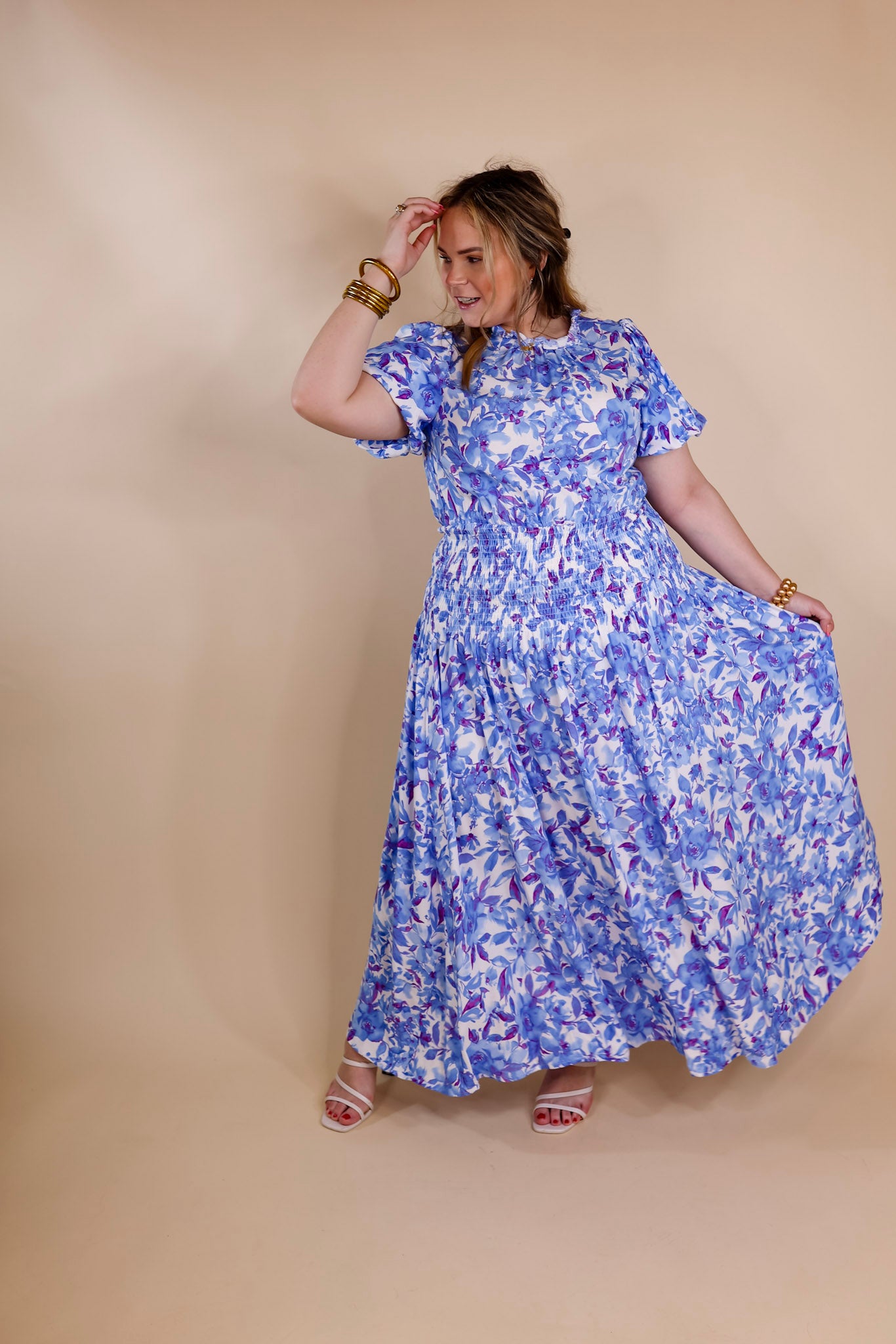 Moonlit Bay Floral High Neck Maxi dress with Smocked Waistline in Blue