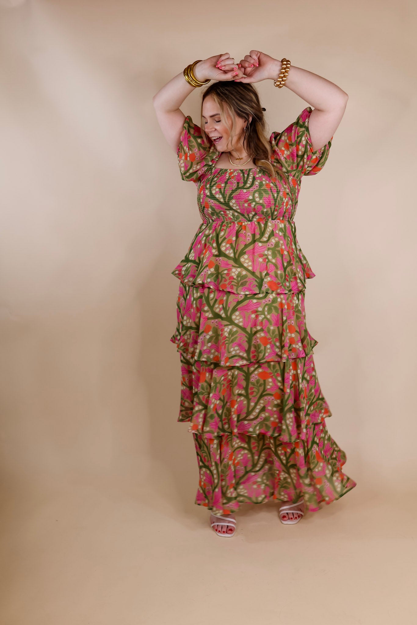 Fun Feeling Floral Tiered Maxi Dress with Smocked Balloon Sleeves in Green Mix - Giddy Up Glamour Boutique