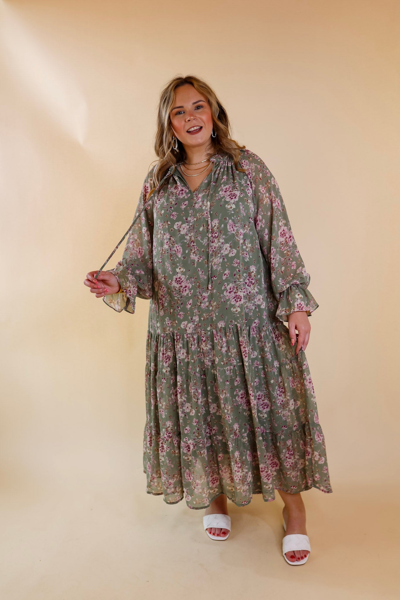 Tuscan Nights Long Sleeve High Neck Floral Midi Dress in Sage - Giddy Up Glamour Boutique