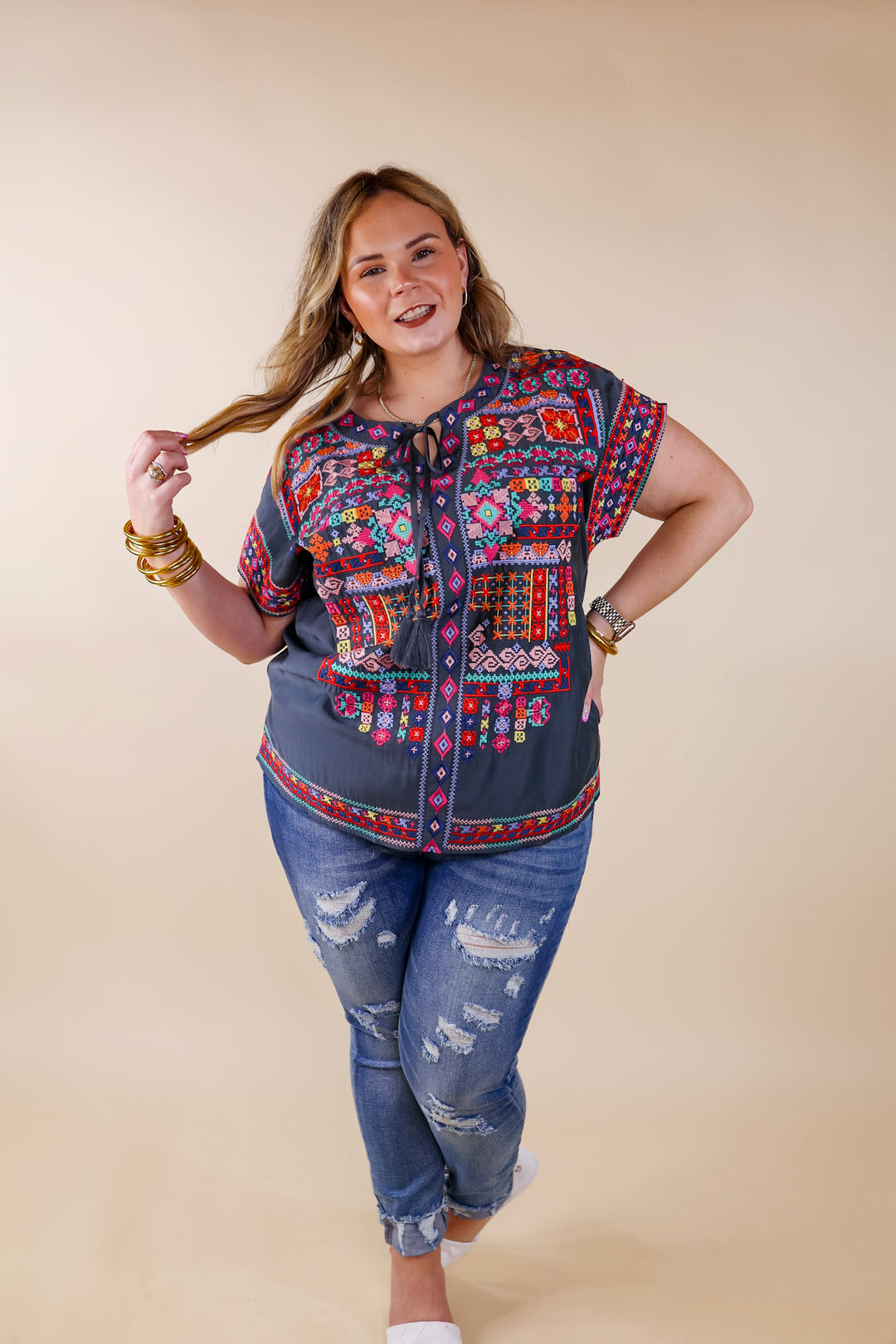 Thrill Me Colorful Embroidered Front Keyhole Top in Grey - Giddy Up Glamour Boutique