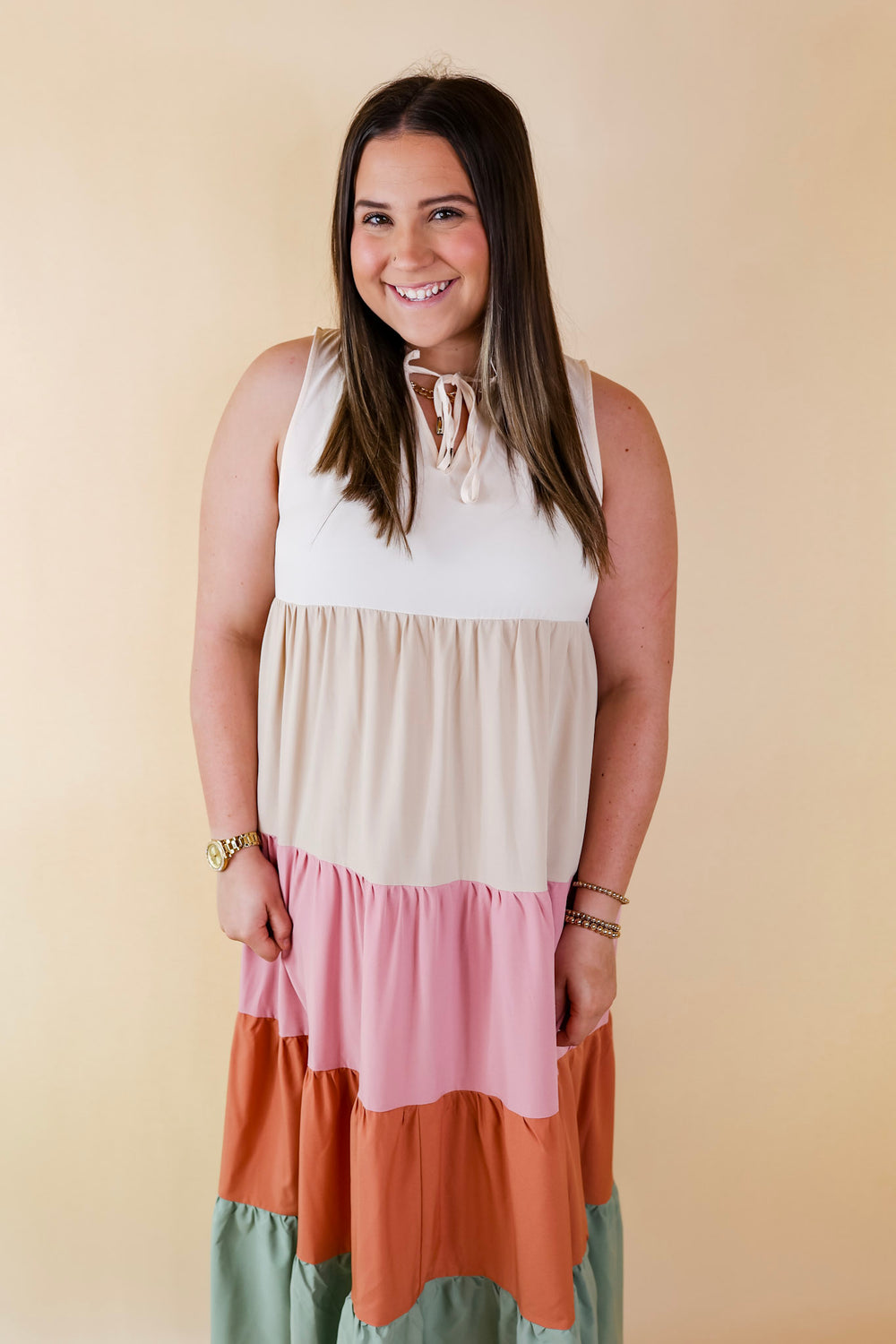 Calm Waters High Neck Tiered Maxi Dress in Cream Mix - Giddy Up Glamour Boutique