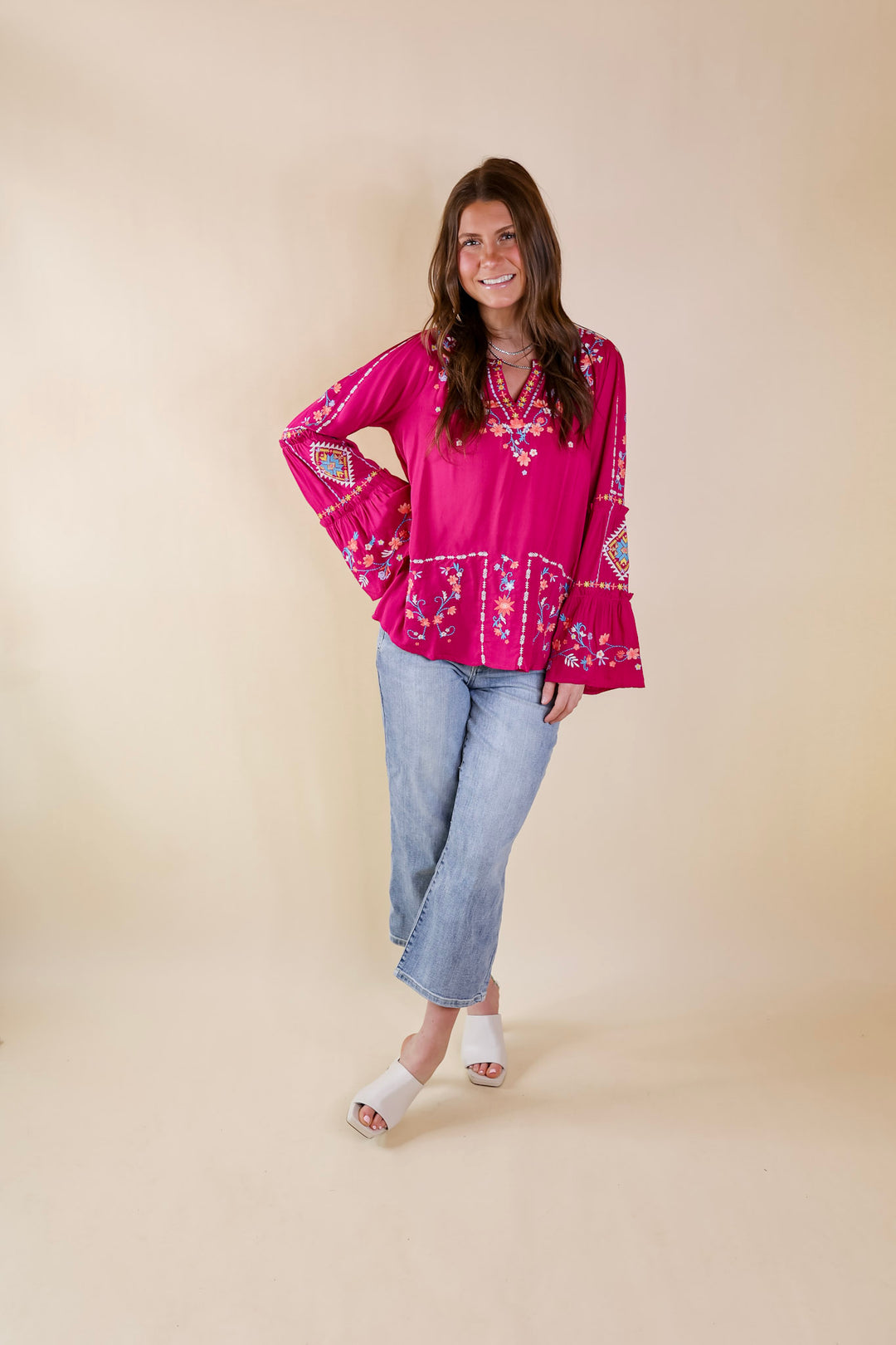 Pretty Stroll Floral Embroidered Top with Long Bell Sleeves in Magenta Pink - Giddy Up Glamour Boutique
