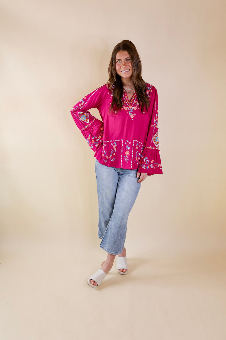 Pretty Stroll Floral Embroidered Top with Long Bell Sleeves in Magenta Pink - Giddy Up Glamour Boutique