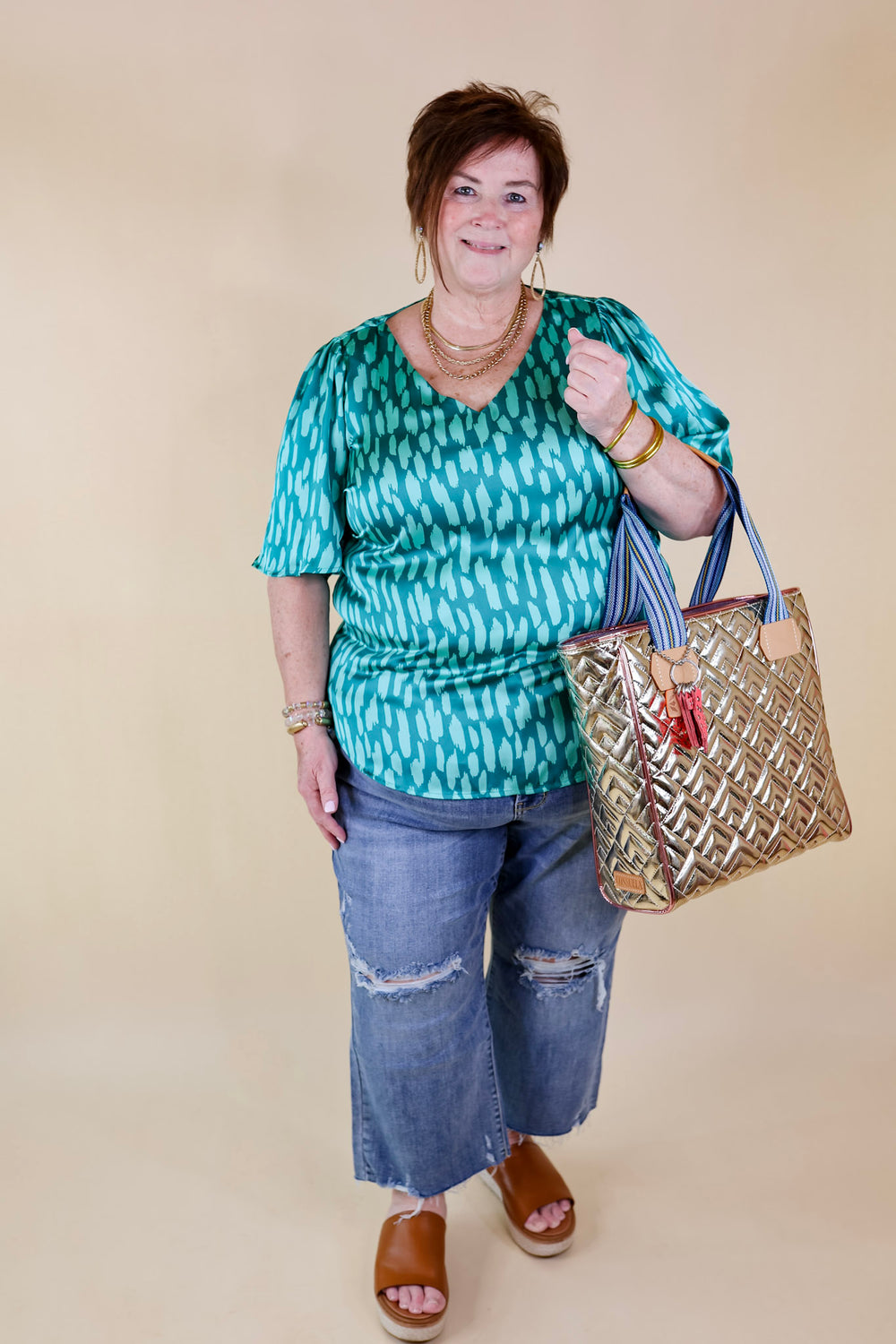 Giving You More Satin Dotted Print V Neck Blouse in Teal Mix - Giddy Up Glamour Boutique