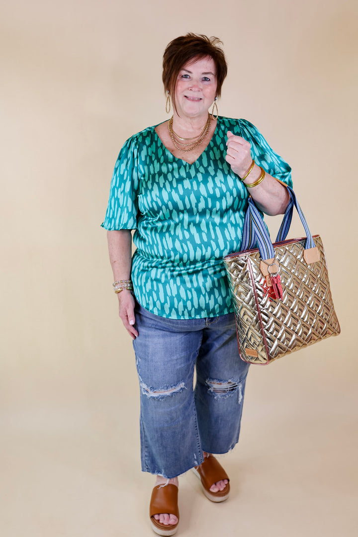 Giving You More Satin Dotted Print V Neck Blouse in Teal Mix - Giddy Up Glamour Boutique