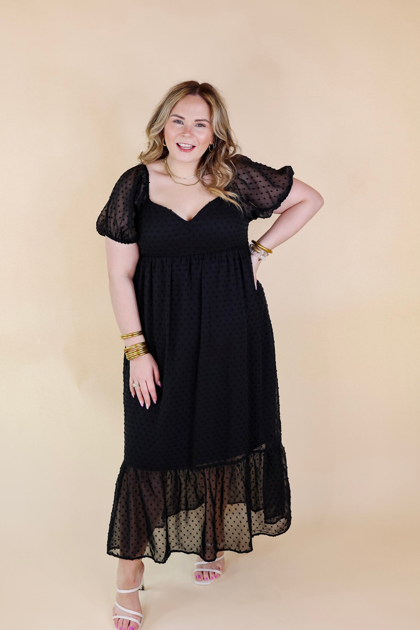 Love And Beyond Swiss Dot Short Sleeve Midi Dress in Black - Giddy Up Glamour Boutique