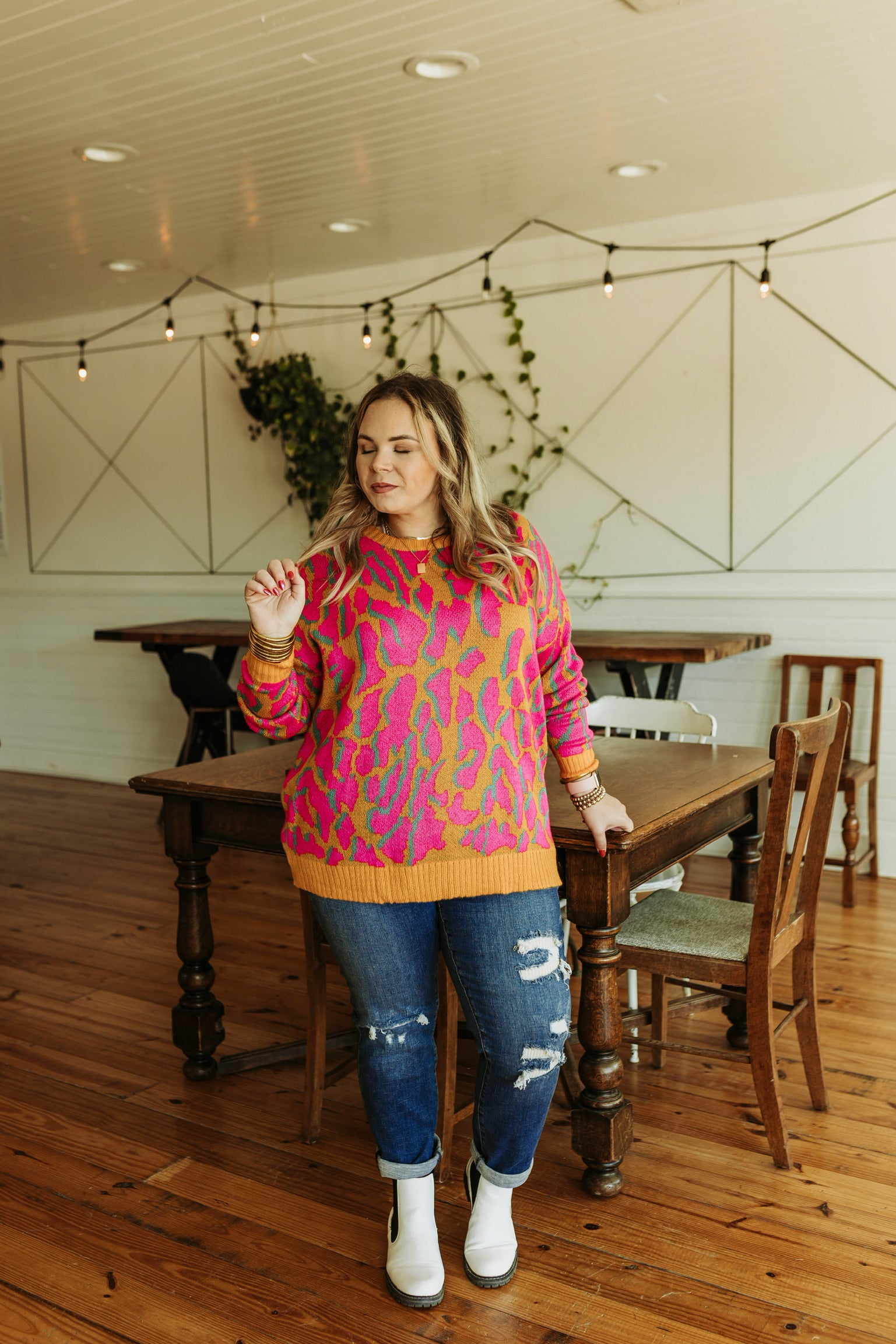 No Hesitation Animal Print Long Sleeve Sweater in Yellow and Neon Pink - Giddy Up Glamour Boutique