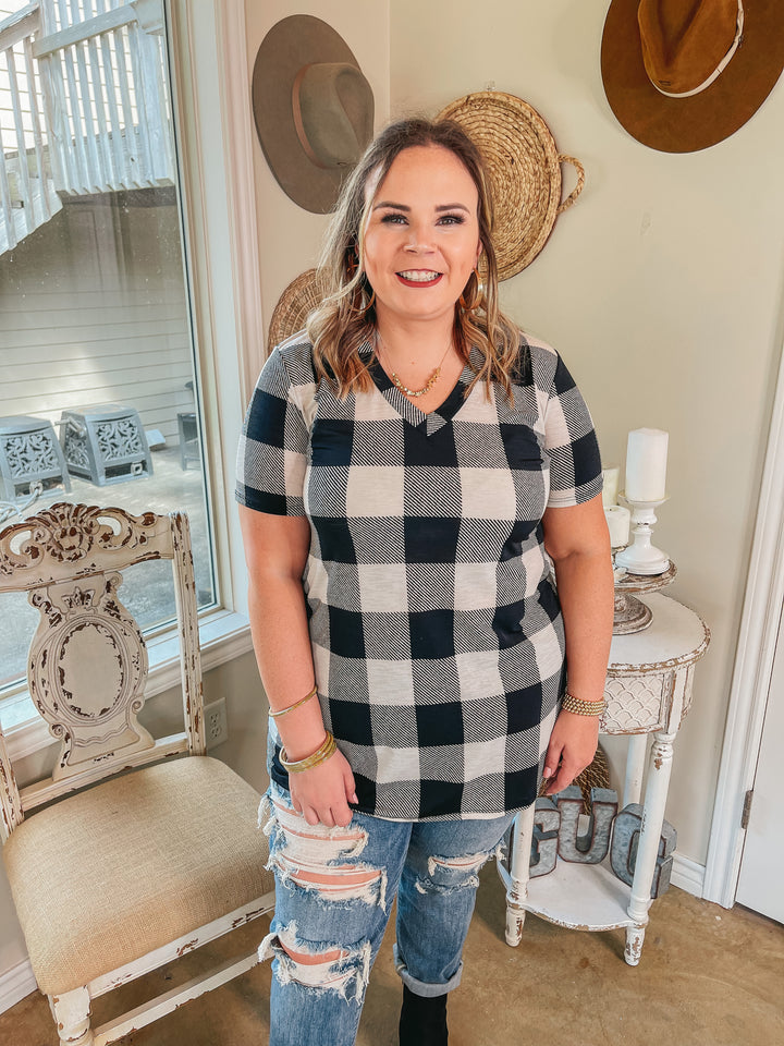 Keep Things Simple Buffalo Plaid V Neck Tee in Ivory - Giddy Up Glamour Boutique