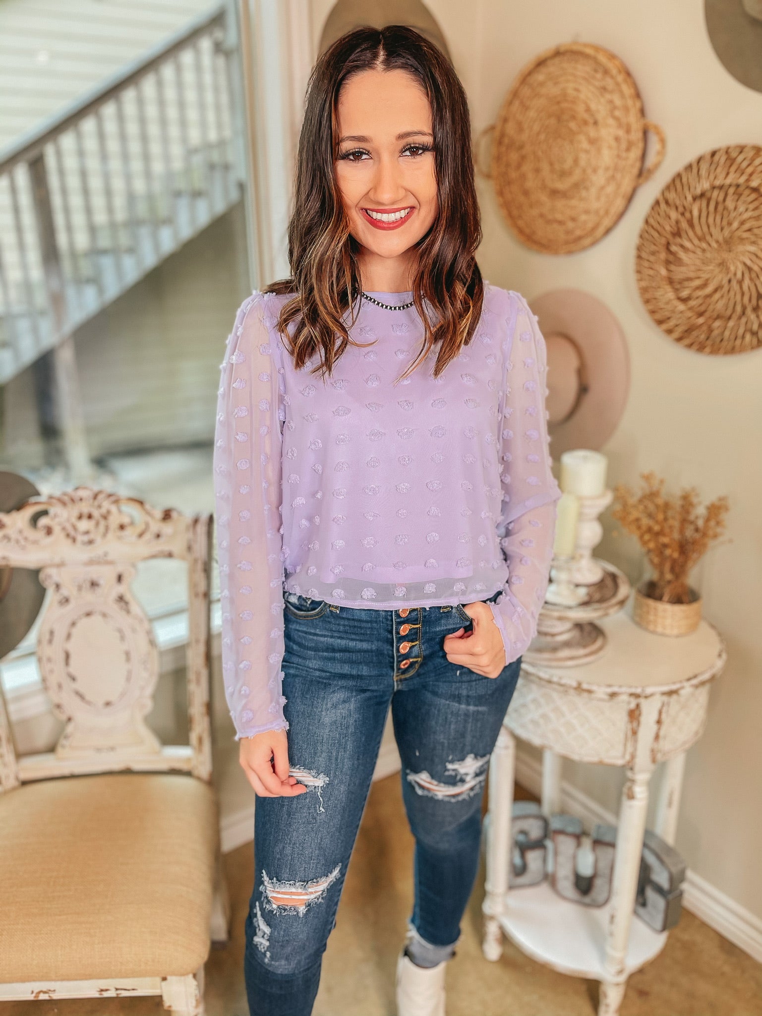 Last Chance Size Small & Med. | Soft Spoken Swiss Dot Long Sleeve Crop Top in Lilac - Giddy Up Glamour Boutique