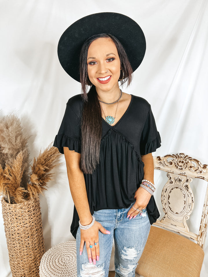 Upon Request Ruffle Detailed Short Sleeve Babydoll Top in Black - Giddy Up Glamour Boutique