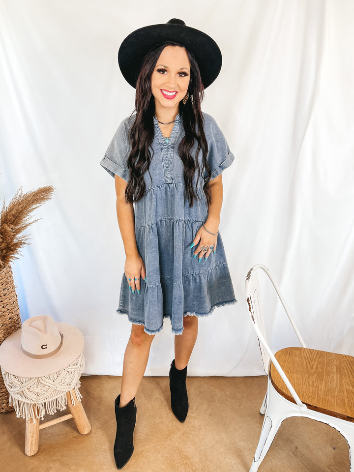 Wait List Tiered Denim Dress with Collared Neckline in Medium Wash - Giddy Up Glamour Boutique