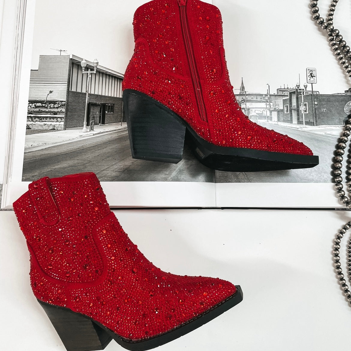 Very G Kady Rhinestone Cowboy Booties in Red