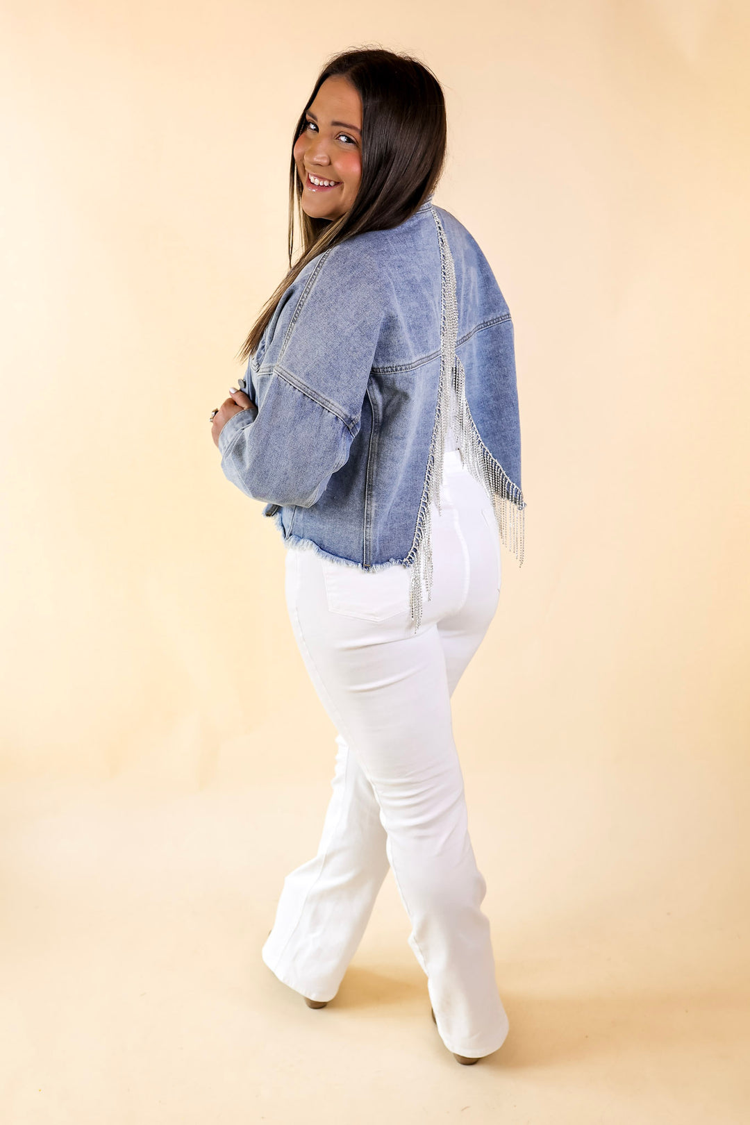 Nashville Nightlife Crystal Fringe Cropped Denim Jacket in Medium Wash - Giddy Up Glamour Boutique