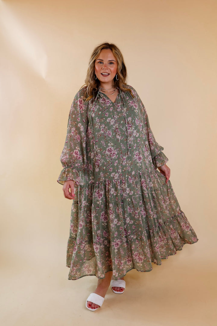 Tuscan Nights Long Sleeve High Neck Floral Midi Dress in Sage - Giddy Up Glamour Boutique