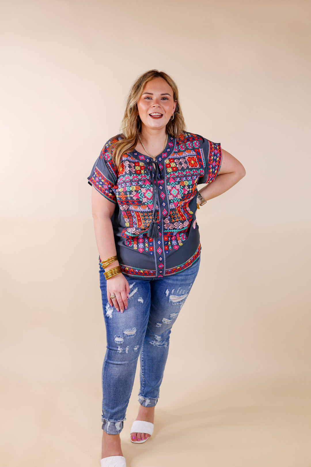 Thrill Me Colorful Embroidered Front Keyhole Top in Grey - Giddy Up Glamour Boutique