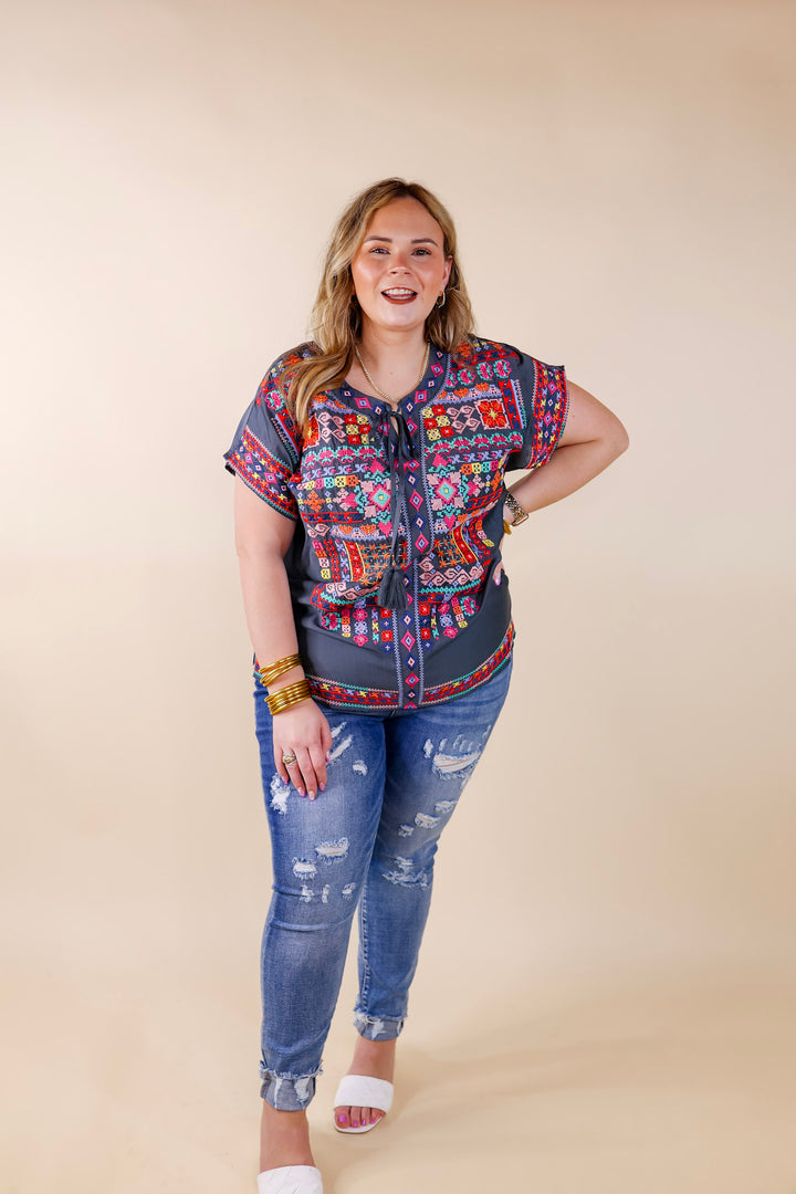 Thrill Me Colorful Embroidered Front Keyhole Top in Grey - Giddy Up Glamour Boutique