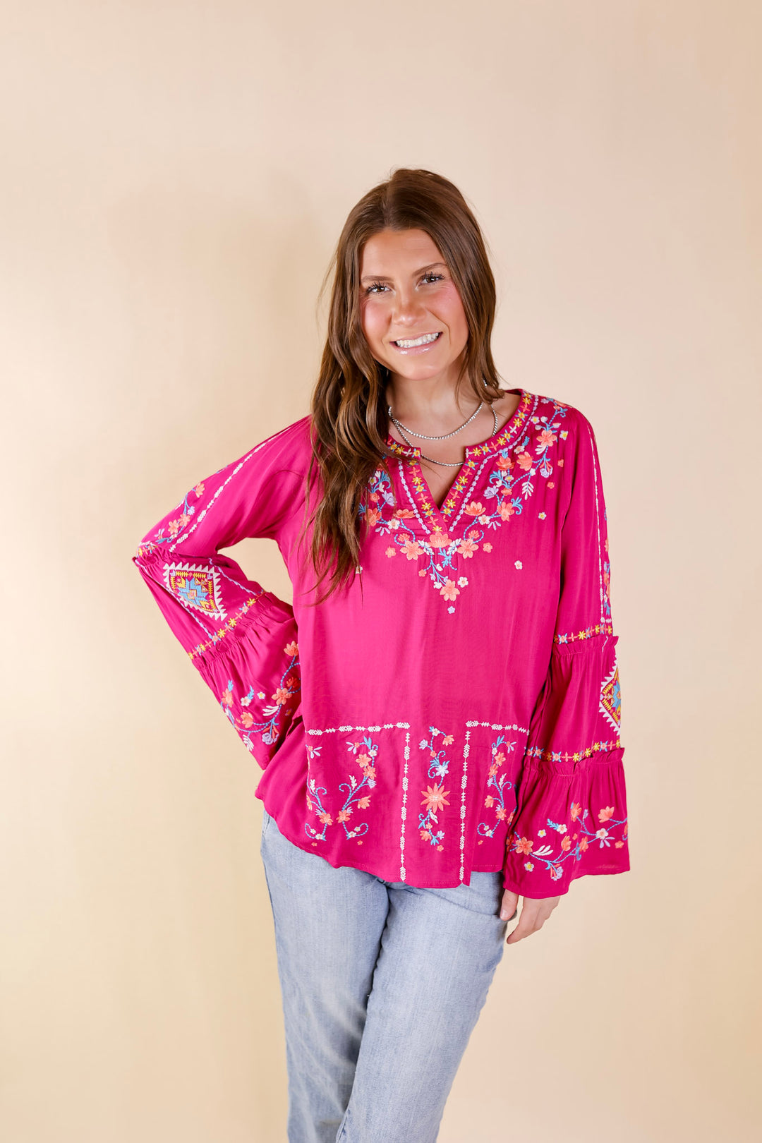 Pretty Stroll Floral Embroidered Top with Long Bell Sleeves in Magenta Pink - Giddy Up Glamour Boutique