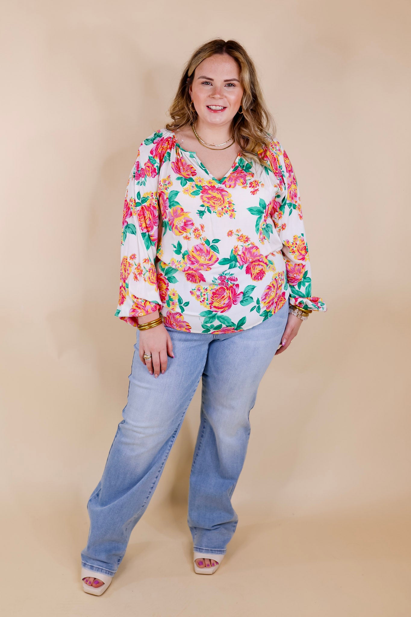 Follow Your Happiness Notched V Neck Floral Top with Long Sleeves in White - Giddy Up Glamour Boutique