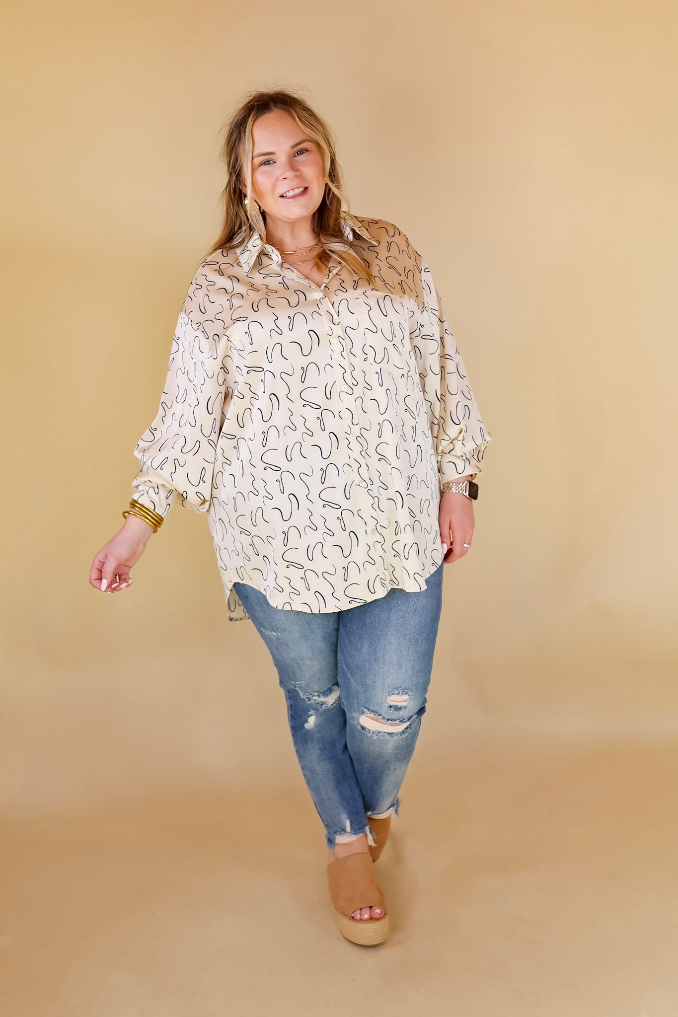 Endlessly Obsessed Satin Button Up Swirl Print Top in Ivory - Giddy Up Glamour Boutique