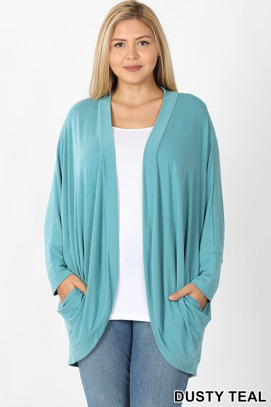 3/4 SLEEVE COCOON WRAP CARDIGAN in DUSTY TEAL - Giddy Up Glamour Boutique