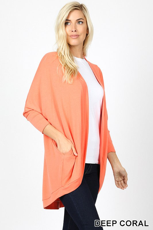3/4 SLEEVE COCOON WRAP CARDIGAN in CORAL - Giddy Up Glamour Boutique