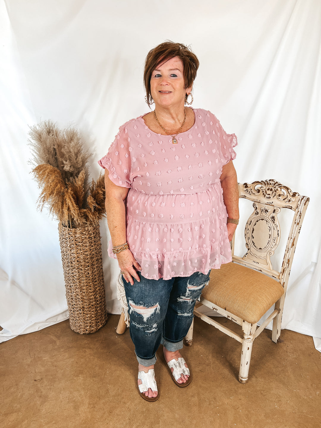 Such A Delight Tiered Swiss Dot Top with Ruffle Cap Sleeves in Mauve Purple - Giddy Up Glamour Boutique