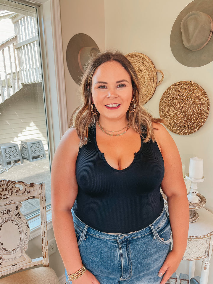 Dream Babe Notched Neckline Crop Tank Top in Black - Giddy Up Glamour Boutique
