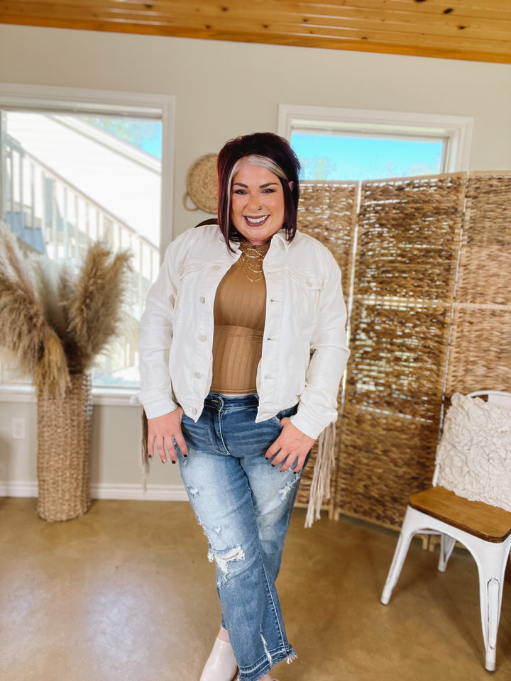 Judy Blue | Living For Love Button Up Denim Jacket with Fringe in White - Giddy Up Glamour Boutique