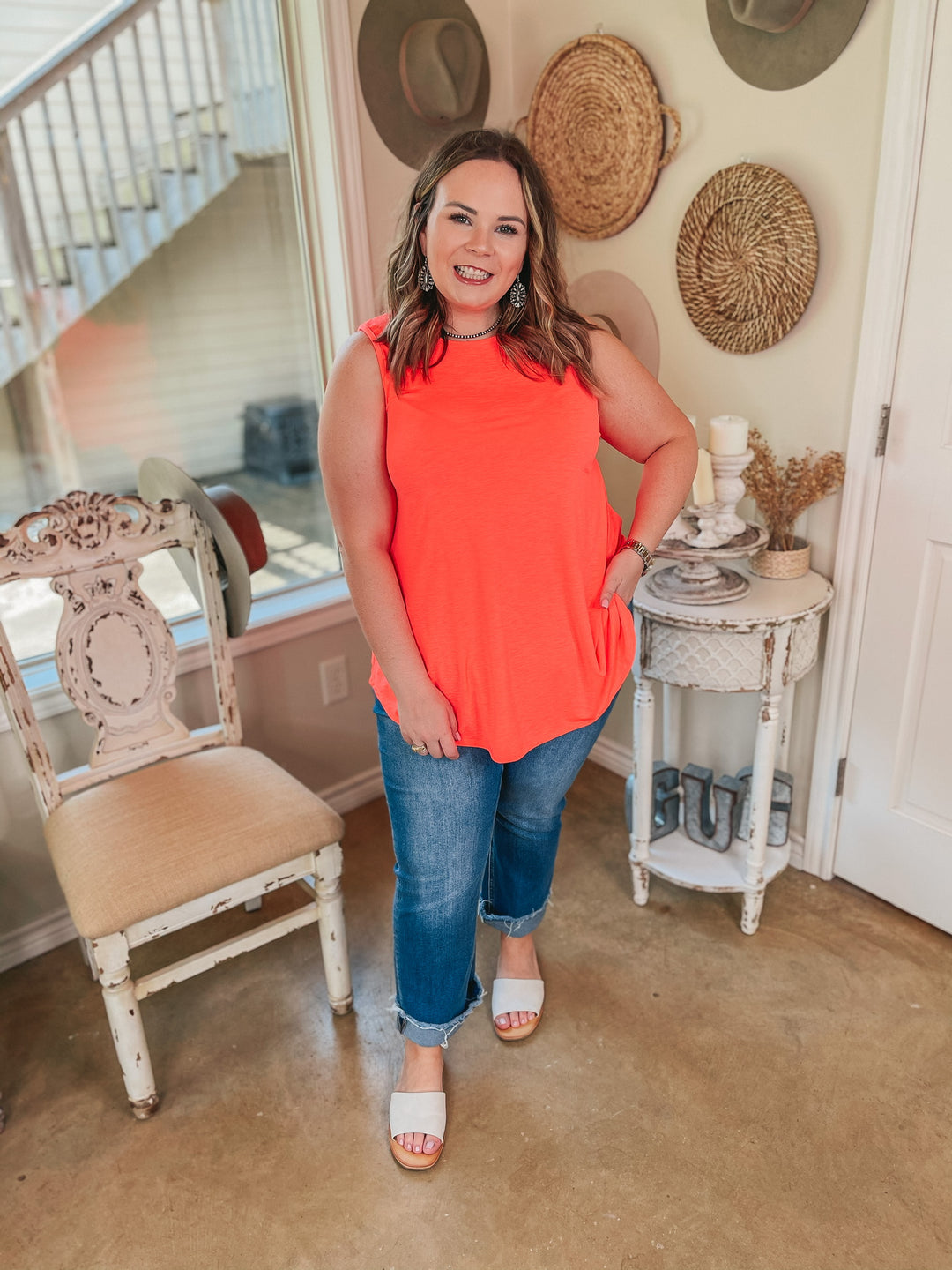 Give Me Joy Solid Bulgari A-Line Tank Top in Neon Orange - Giddy Up Glamour Boutique