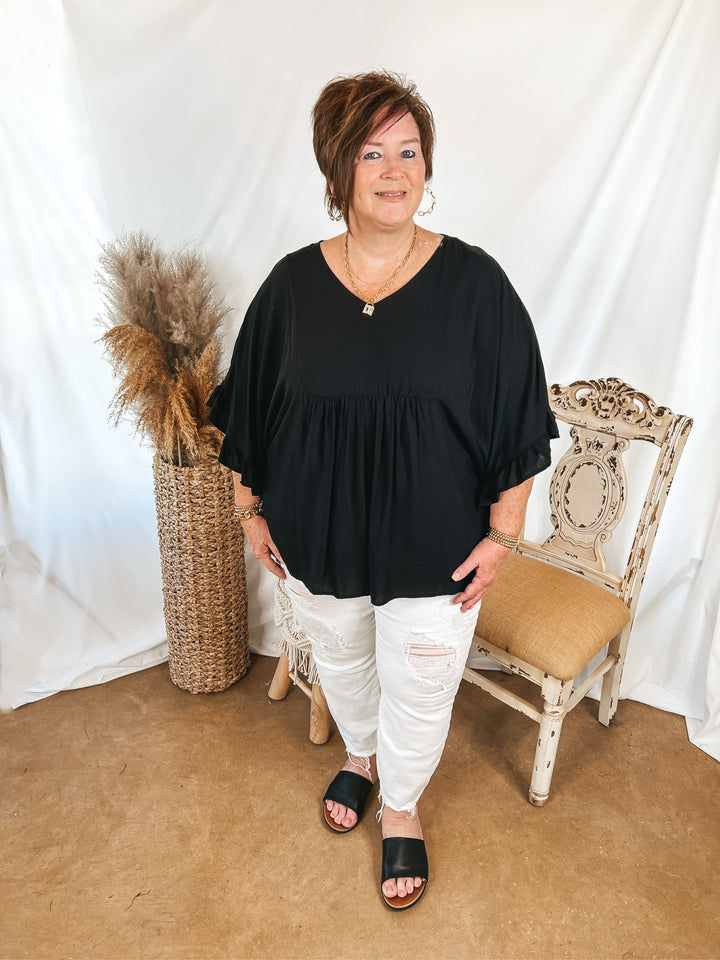 Blissful Moments Ruffle Sleeve V Neck Blouse in Black - Giddy Up Glamour Boutique