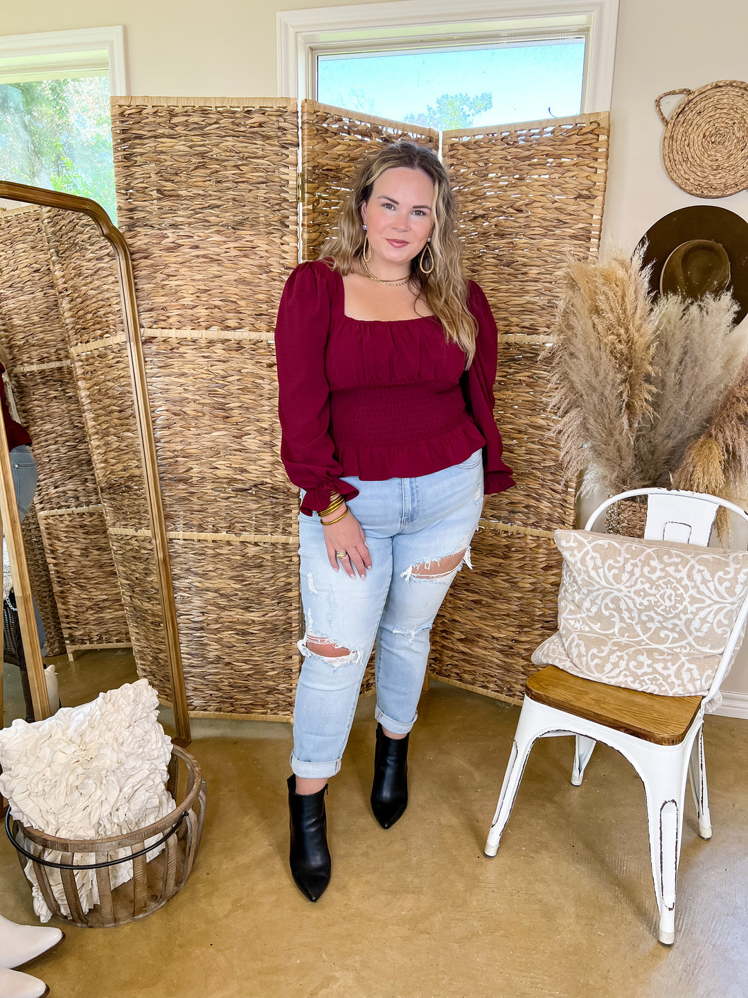Starting Fresh Long Sleeve Peplum Top with Smocked Bodice in Maroon - Giddy Up Glamour Boutique