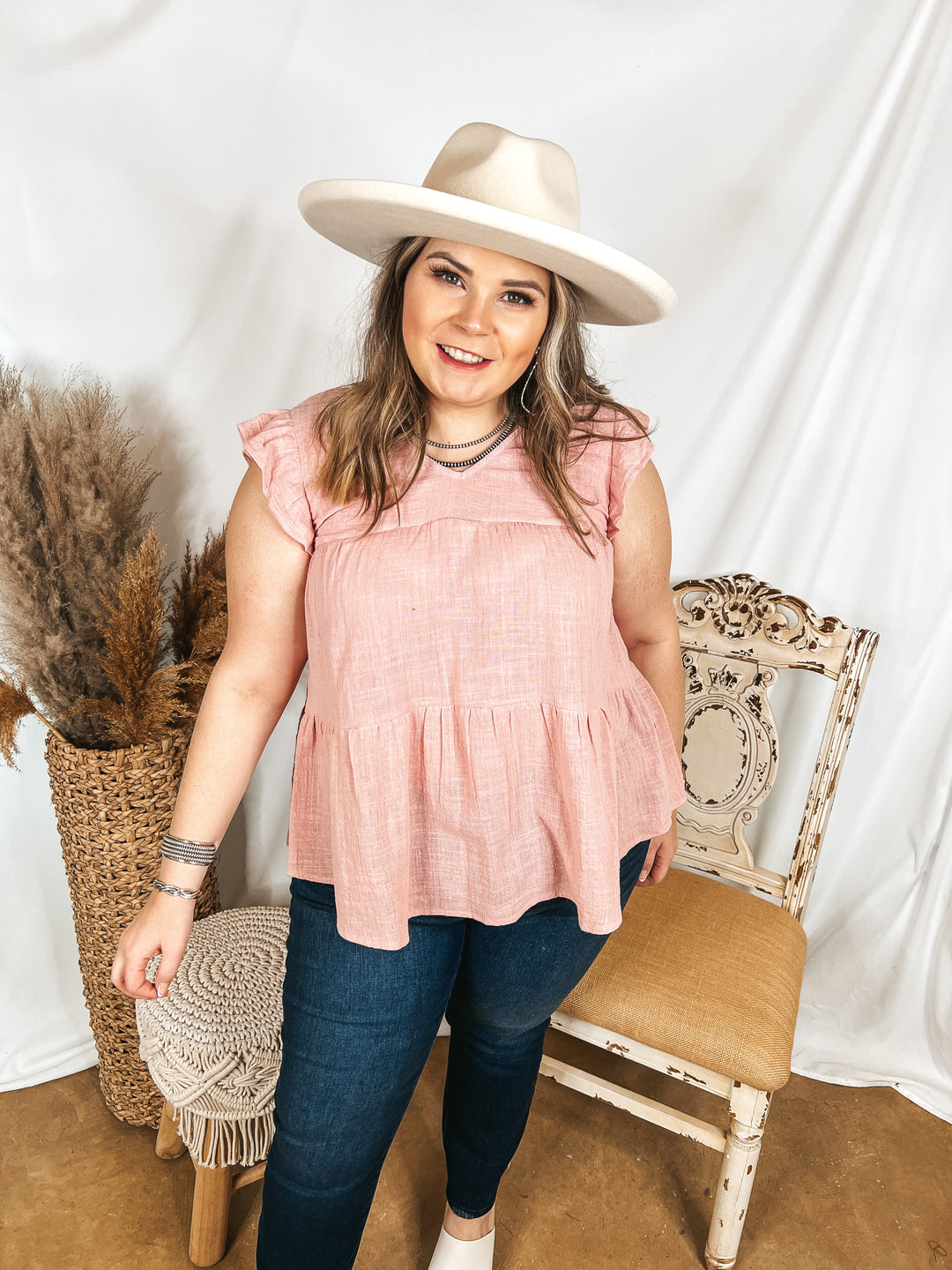 Stay Wonderful Solid Tiered Top with Ruffle Cap Sleeves in Dusty Pink - Giddy Up Glamour Boutique