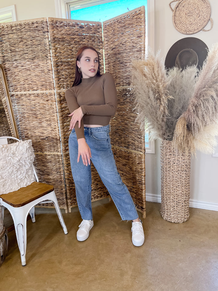 Up At Dawn Ribbed Mock Neck Long Sleeve Crop Top in Brown - Giddy Up Glamour Boutique