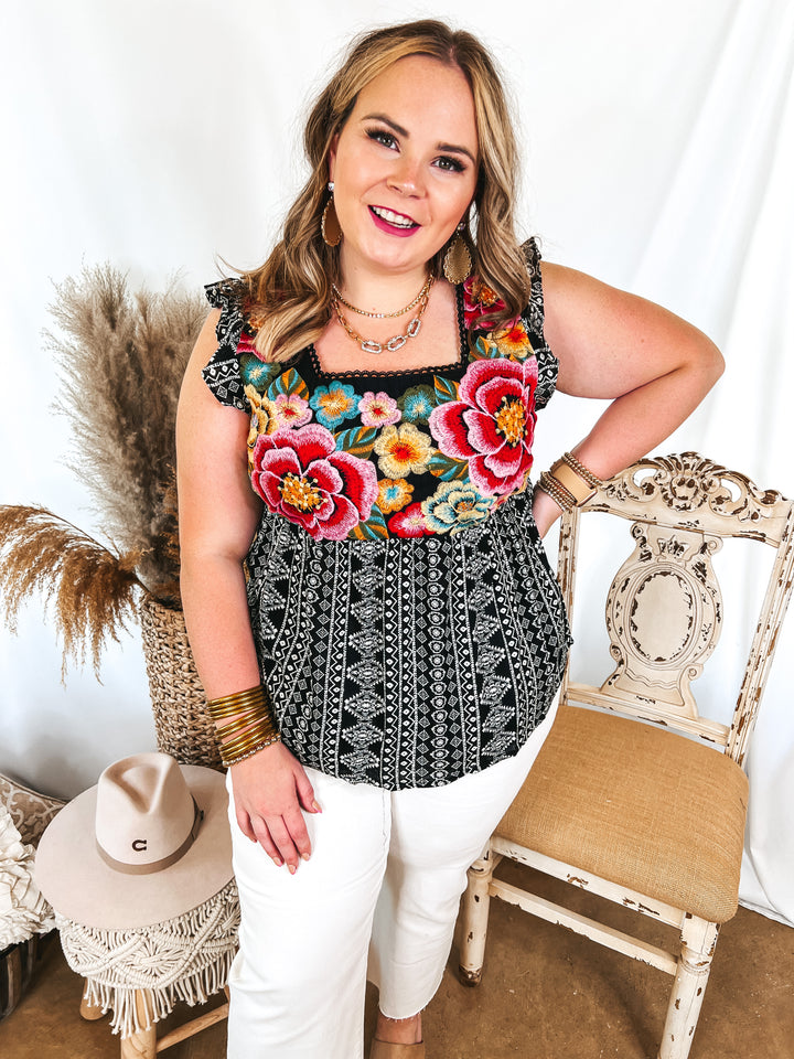 For A Season Floral Embroidered Tribal Print Tank Top in Black - Giddy Up Glamour Boutique