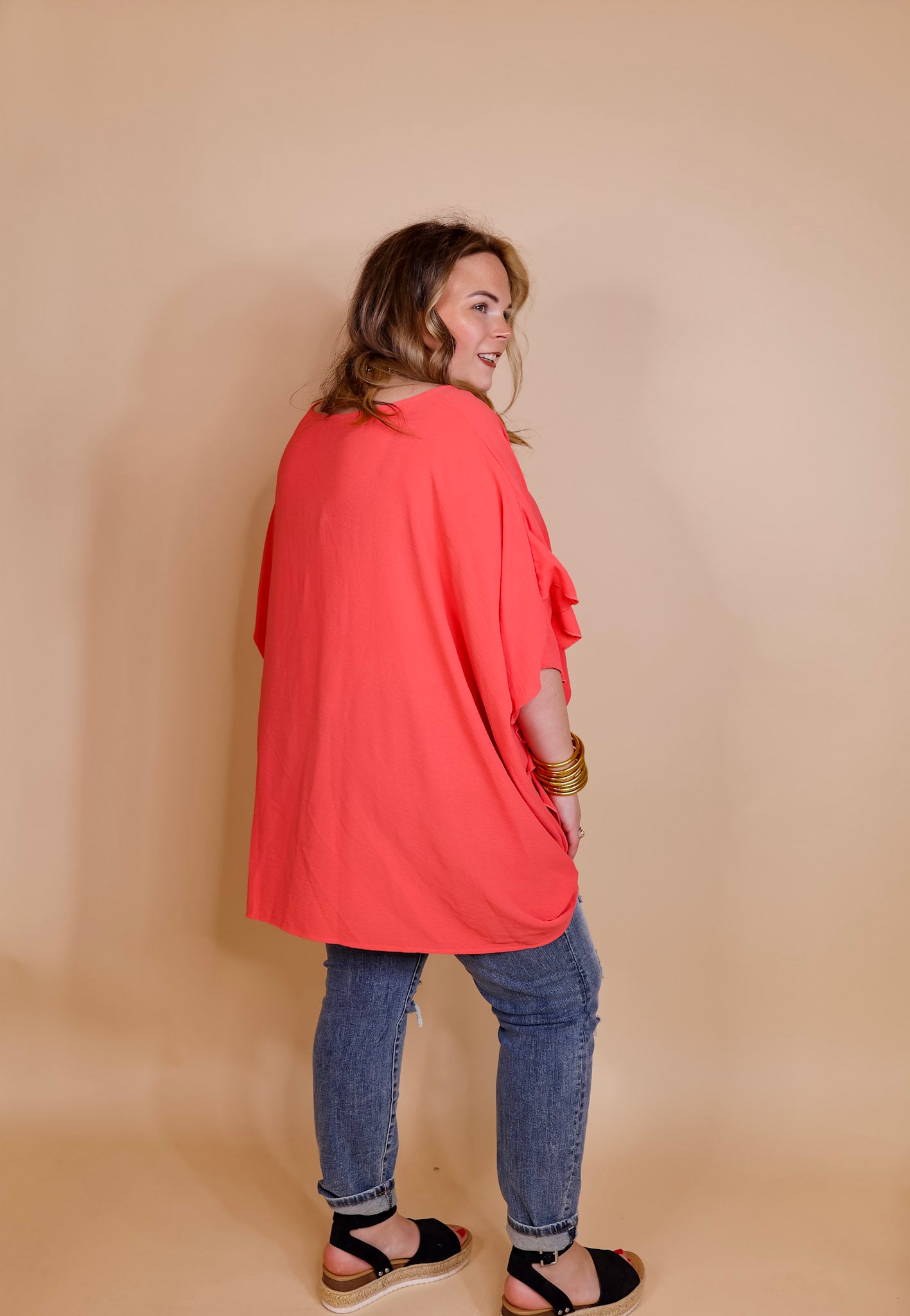 Plus Sizes | Sip of Spring Ruffle Sleeve Shift Top with V Neckline in Coral Pink - Giddy Up Glamour Boutique
