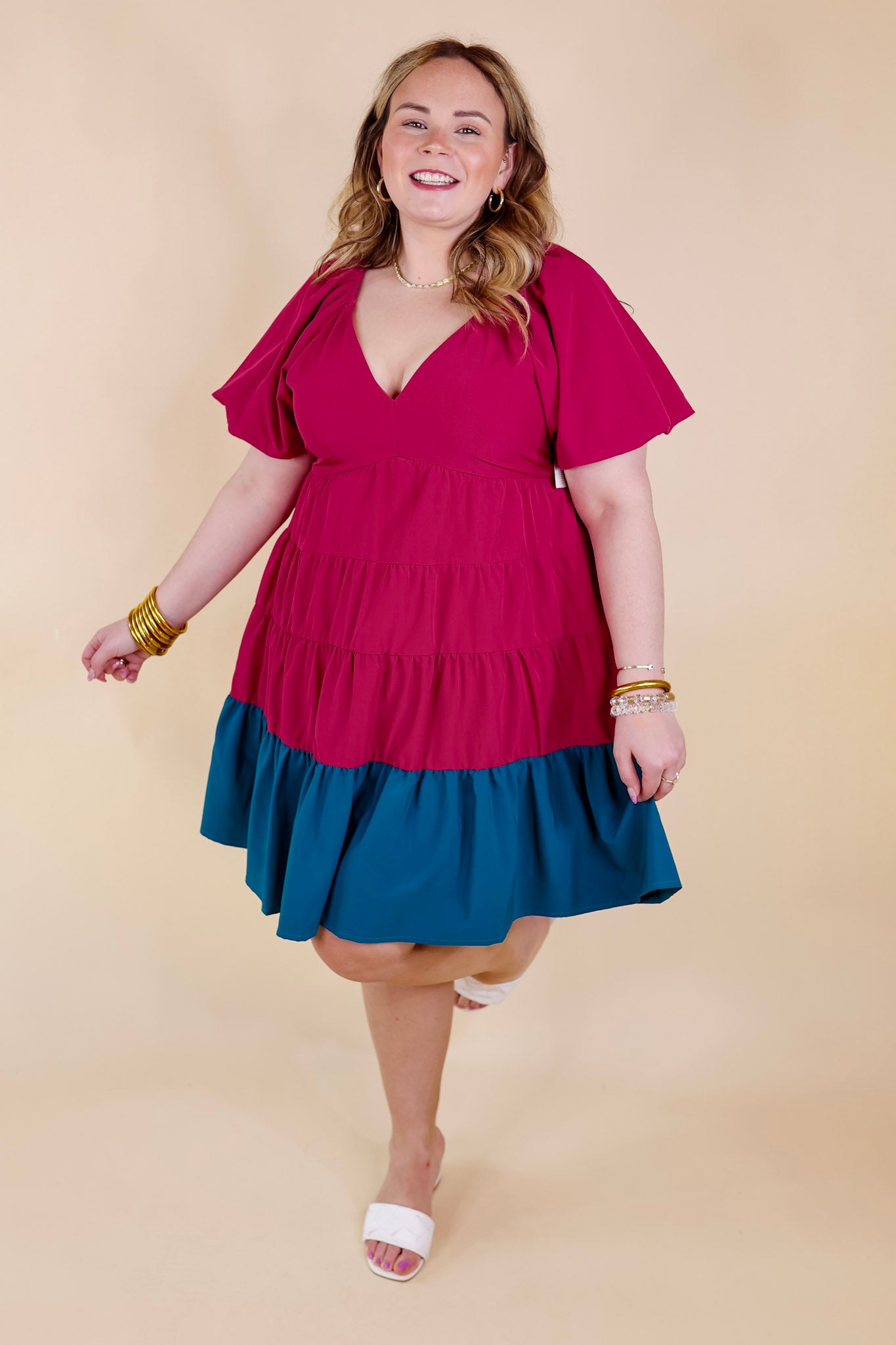 Trendy City Puff Sleeve Tiered Dress with Teal Hemline in Magenta - Giddy Up Glamour Boutique