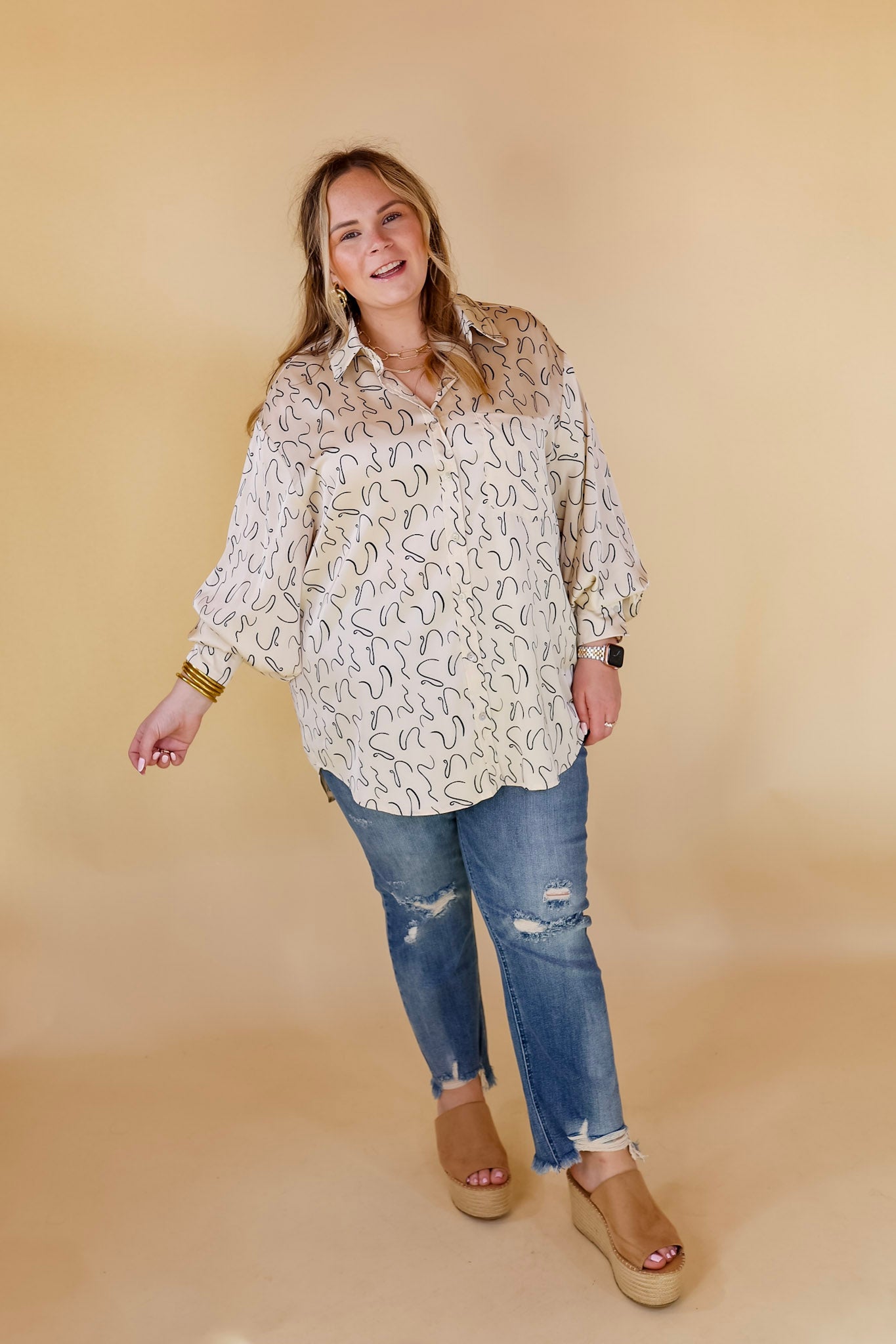 Endlessly Obsessed Satin Button Up Swirl Print Top in Ivory - Giddy Up Glamour Boutique