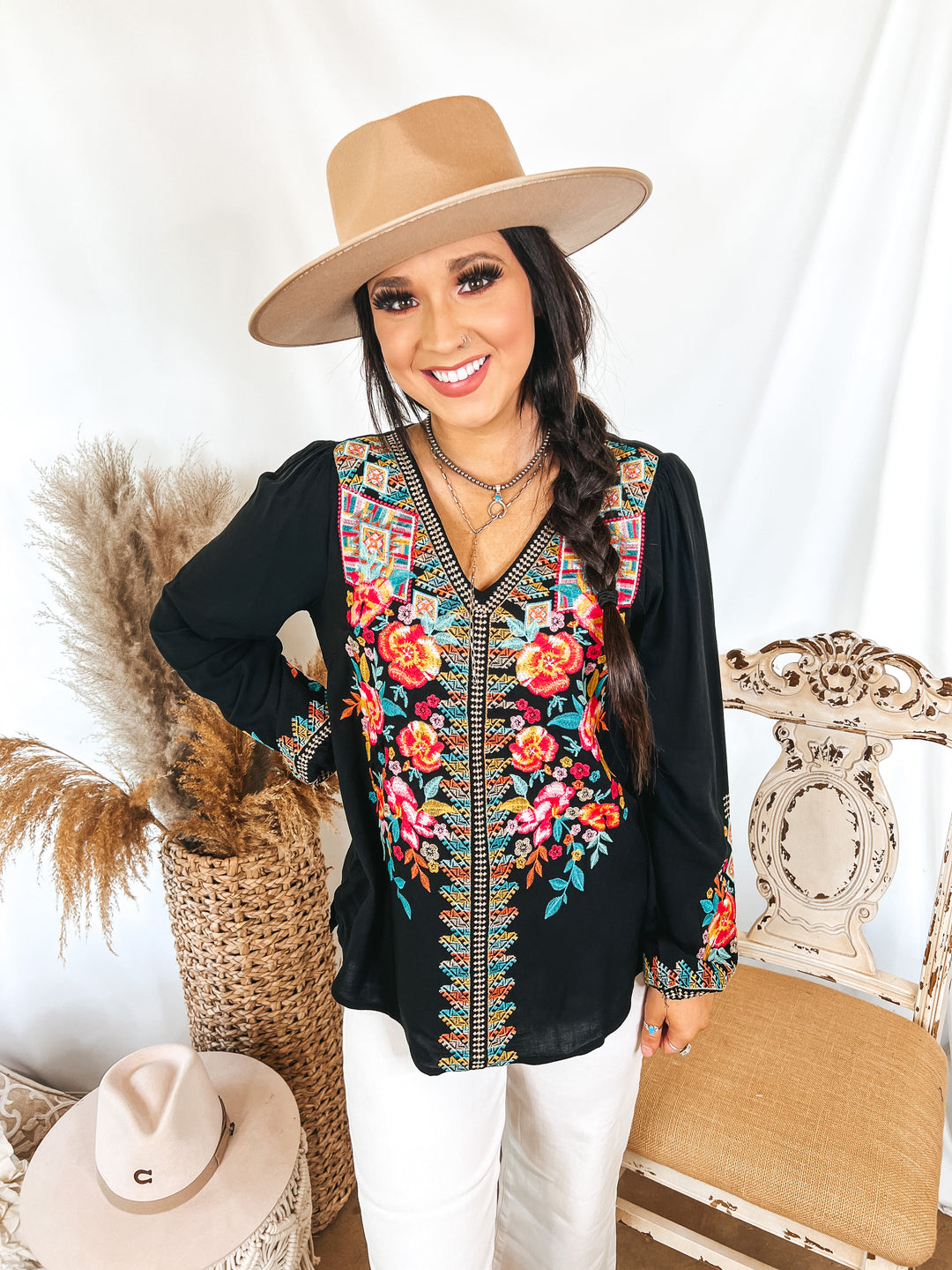 Brunch With Me Long Sleeve Embroidered Top with V Neckline in Black - Giddy Up Glamour Boutique