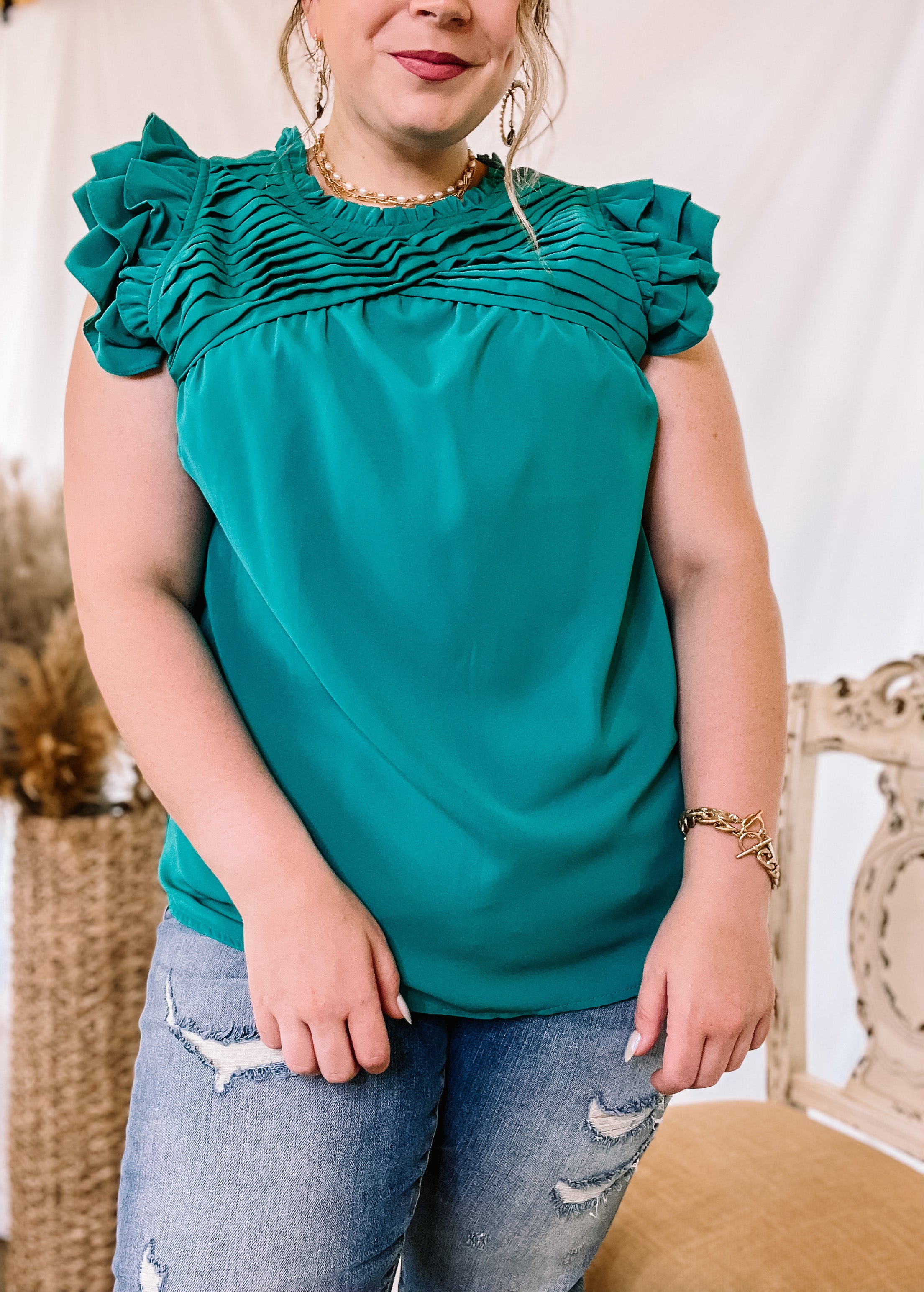 Expect The Best Pleated Upper Blouse with Ruffle Cap Sleeves in Teal Green - Giddy Up Glamour Boutique