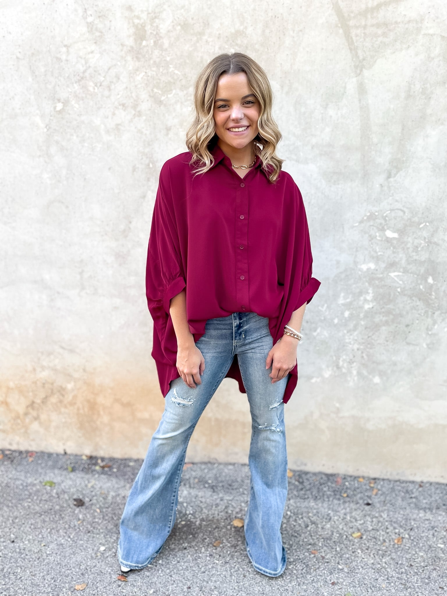 City Lifestyle Button Up Half Sleeve Poncho Top in Maroon - Giddy Up Glamour Boutique