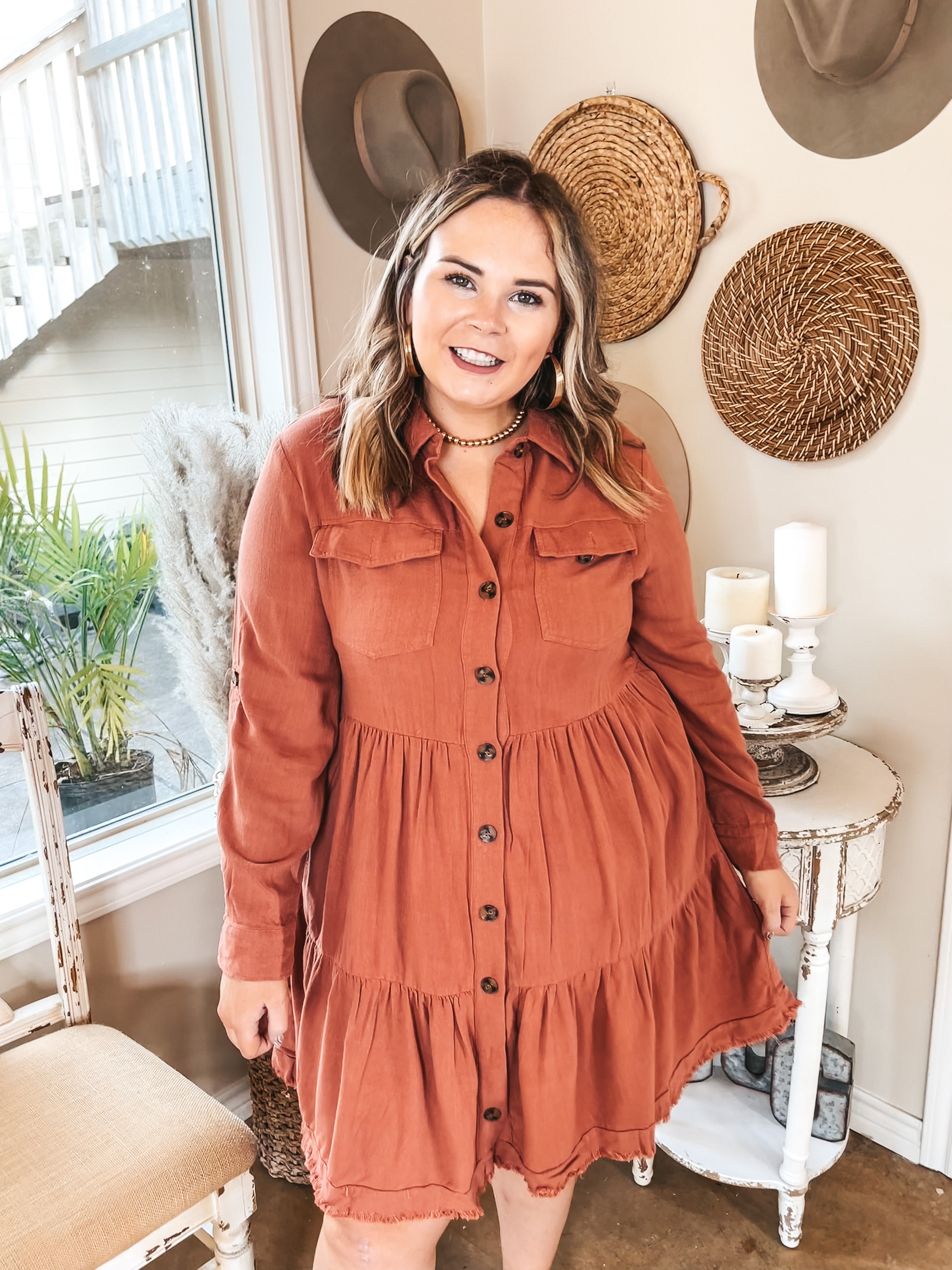 Chic Darling Ruffle Tiered Button Up Dress with Long Sleeves in Rust - Giddy Up Glamour Boutique