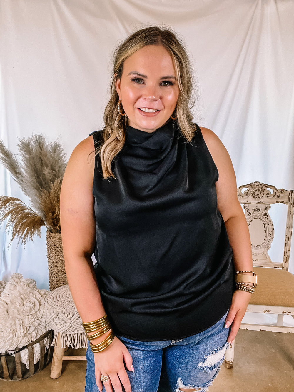 Hot Spot High Cowl Neck Tank Top in Black - Giddy Up Glamour Boutique