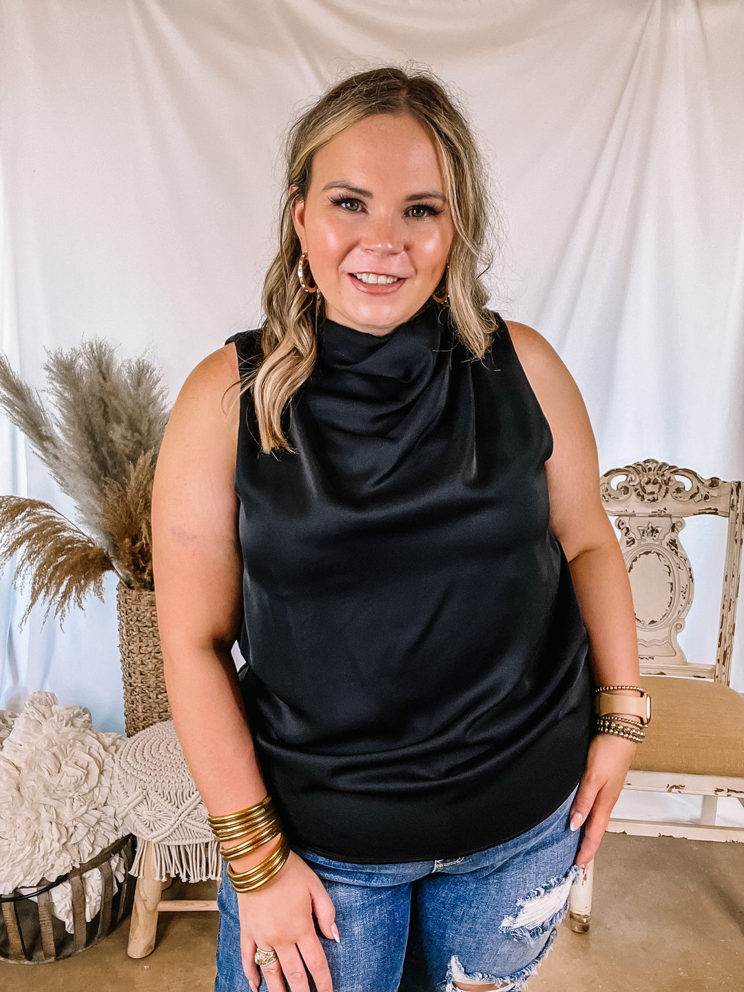 Hot Spot High Cowl Neck Tank Top in Black - Giddy Up Glamour Boutique