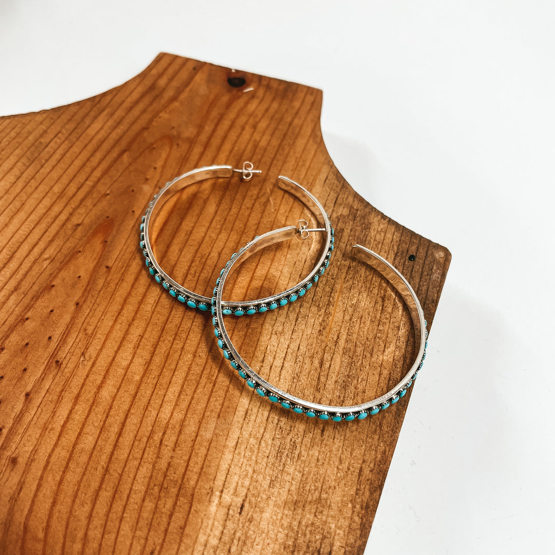 Lois Tzuni | Navajo Handmade Sterling Silver and Turquoise Stone Hoop Earrings - Giddy Up Glamour Boutique