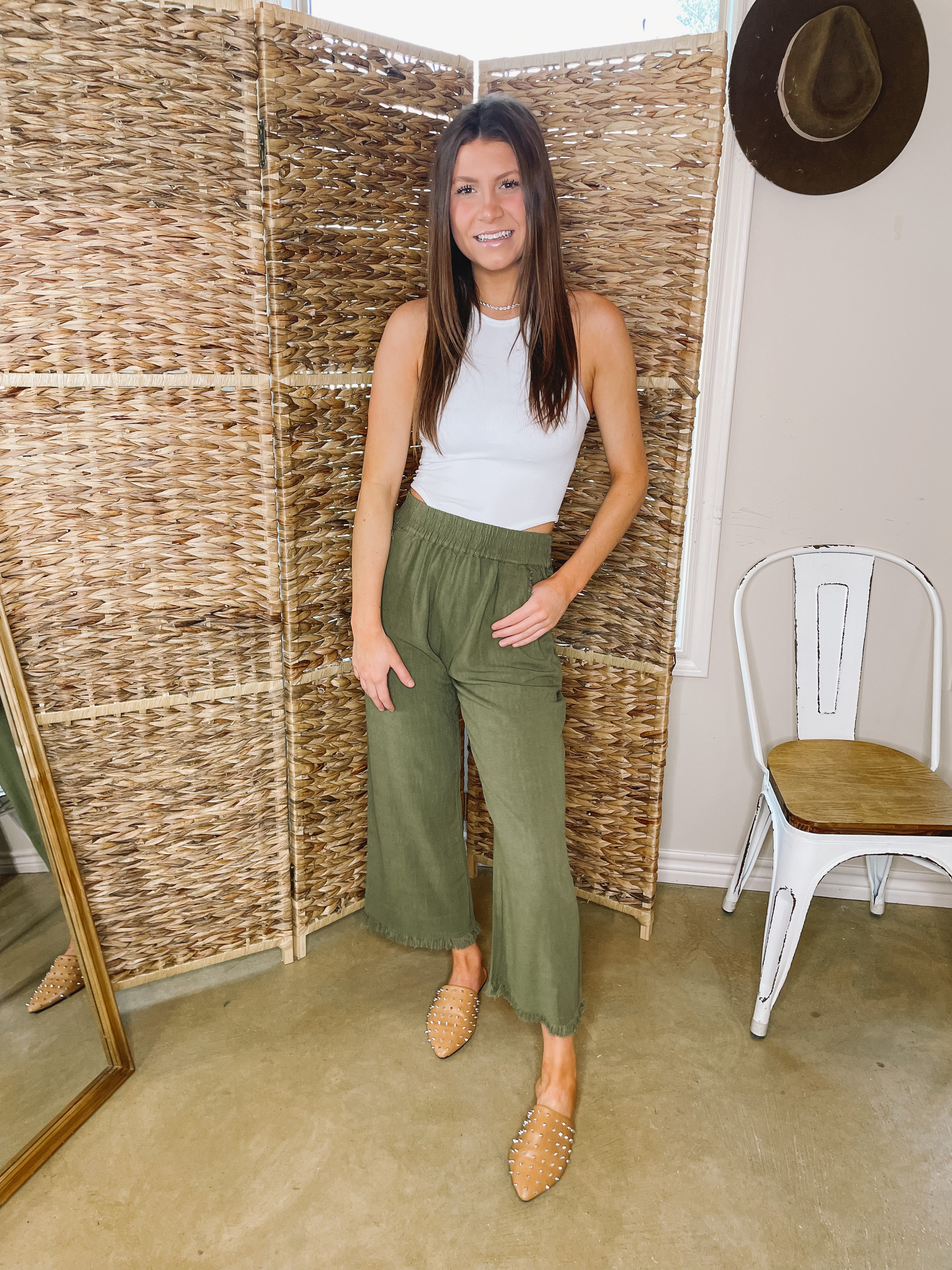 Right On Cue Drawstring Cropped Pants with Frayed Hem in Olive Green - Giddy Up Glamour Boutique