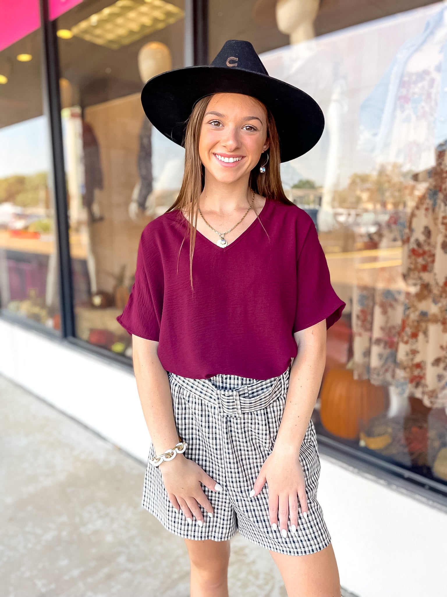 Lovely Dear V Neck Short Sleeve Solid Top in Maroon - Giddy Up Glamour Boutique