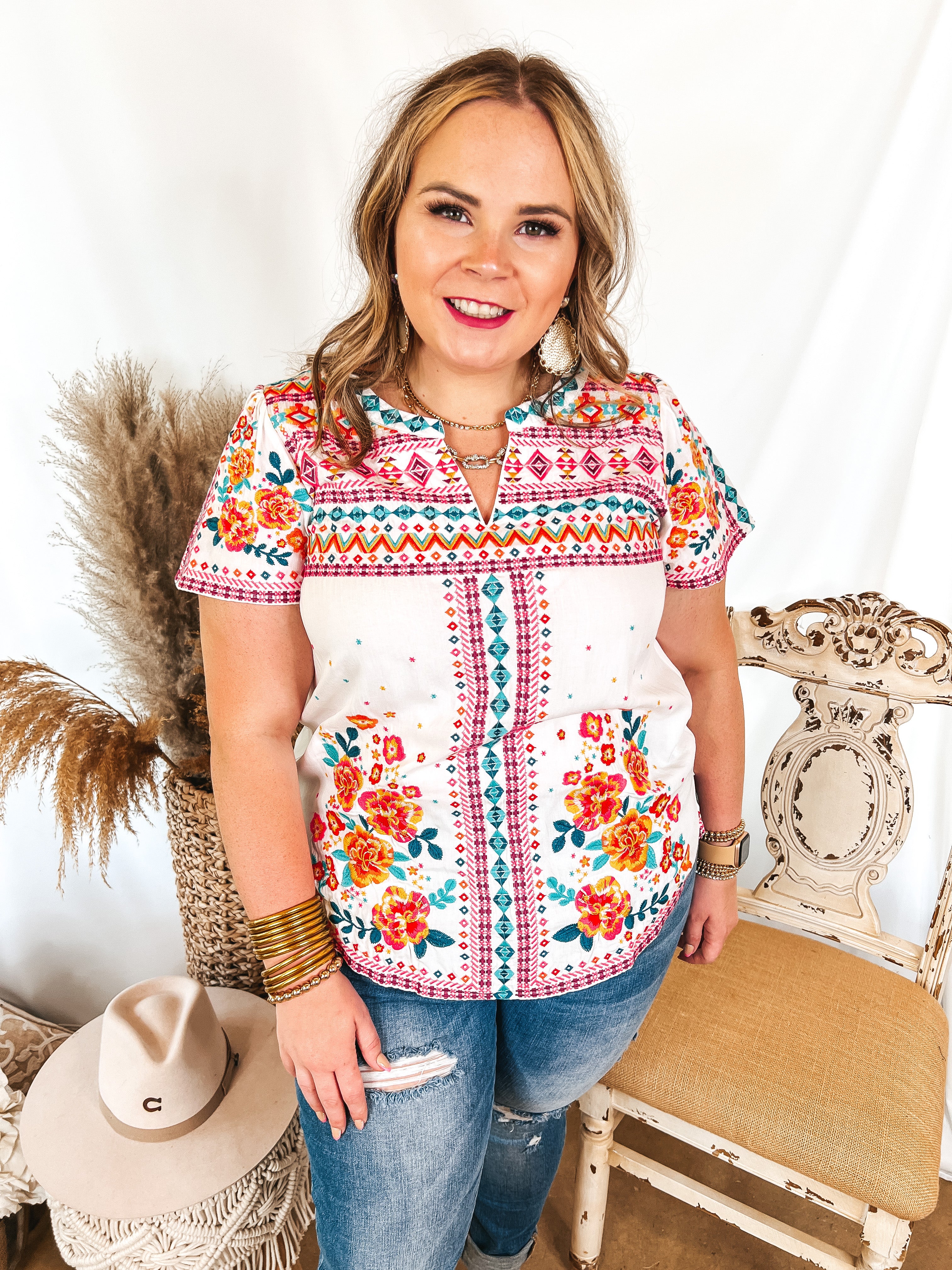 On The Blog Notched Neck Embroidered Top in White - Giddy Up Glamour Boutique