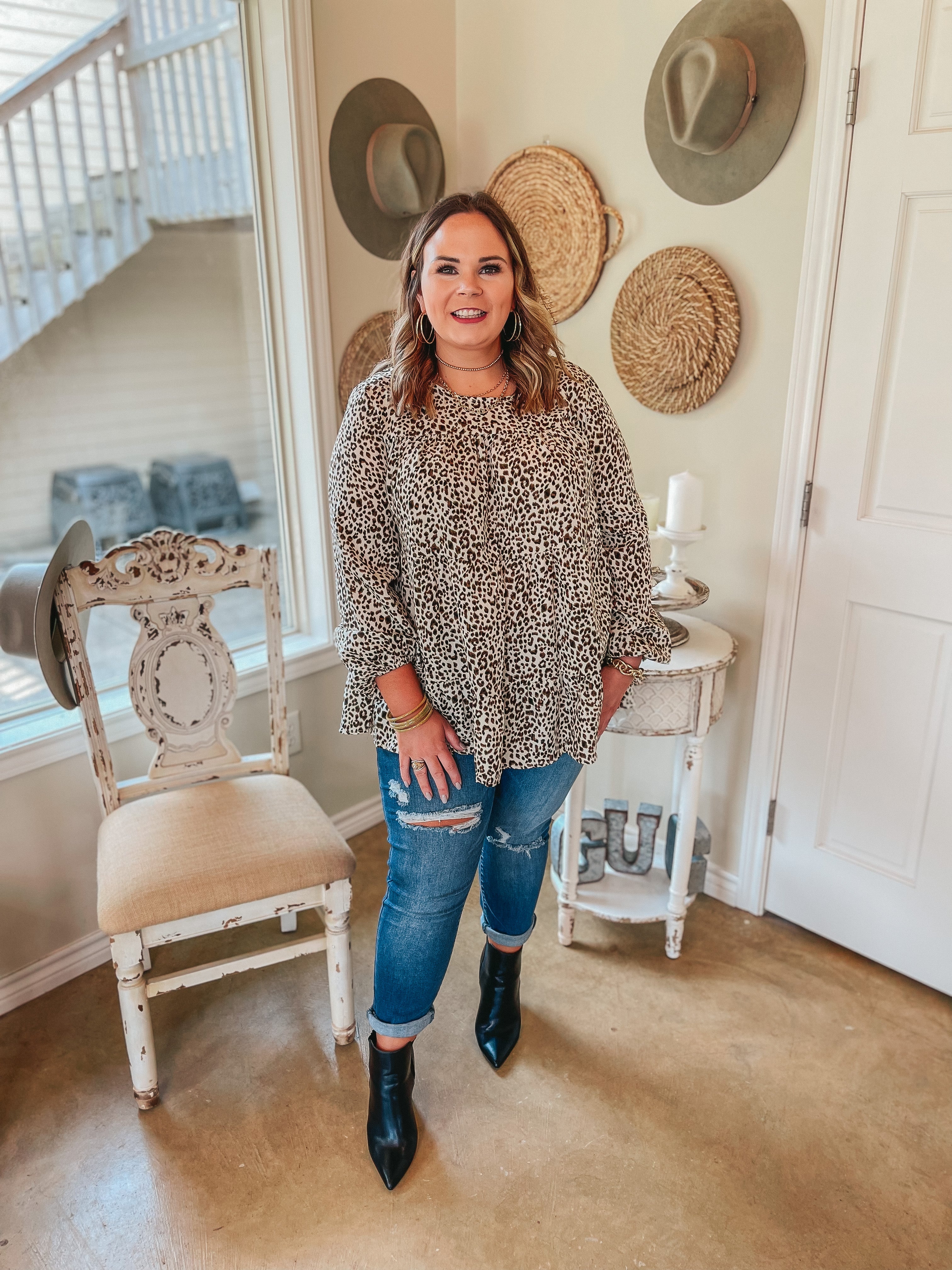 Tell Me Your Dreams Long Sleeve Tiered Leopard Blouse in Ivory - Giddy Up Glamour Boutique